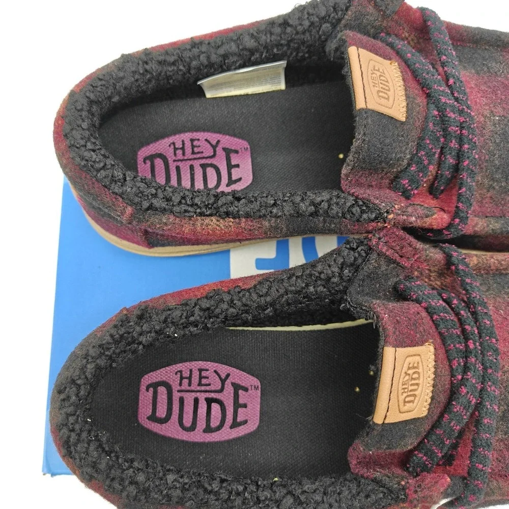HEYDUDE Wally Cozy Plaid Men's Size 12 Red Plaid Black Slip On Shoes 44341-6RQ